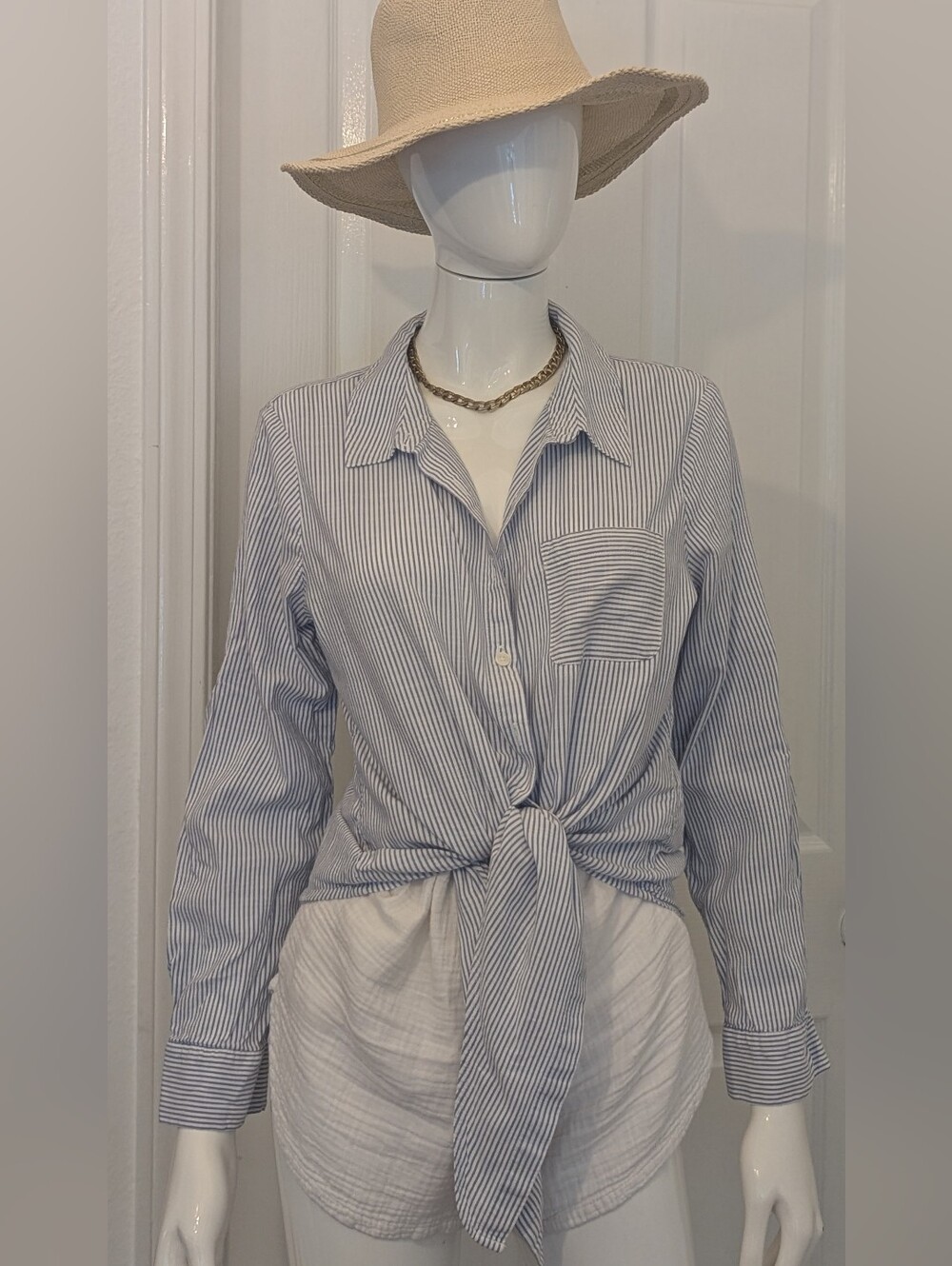 Ivanka Trump Cotton Light Blue White Pintriped Button-Down Front Knot Shirt S